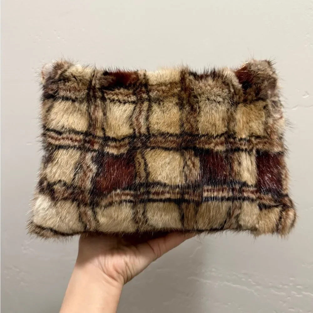 Plaid Print Real Muskrat Fur Handmade Slouchy Bag/Shoulder Bag/Crossbody
